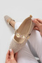 Tweed Pearl Detailed Closed Back Low Heeled Mary Jane Daily Mink Straw Women's Ballerinas