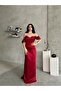 Burgundy Gathered Low Sleeve Satin Evening Dress - 4