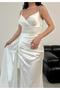 White Stone Strap Waist Detailed Satin Evening Dress - 5