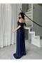 Navy Blue Low Sleeve Sequin Sequin Evening Dress - 5