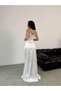 White Stone Strap Waist Detailed Satin Evening Dress - 6