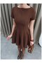 Women's Brown Oval Neck Pleated Dress - 4