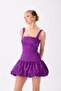 Purple Balloon Skirt Satin Evening Dress - 3