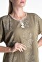 Short Sleeve Sile Fabric Printed Lily Pattern Midi Length Summer Dress Khaki Hk - 3