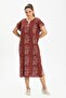 Short Sleeve Chiffon Printed Lily Pattern Midi Length Summer Dress Burgundy Brd