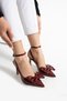 Burgundy Patent Leather Bowknot Thin Heeled Stiletto Stylish Ankle Strap Pointed Toe Women's Shoes Daily & Formal