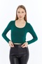 Women Emerald Crew Neck Long Sleeve Crop Blouse