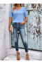 V-Neck Lycra Short Sleeve Knitwear Baby Blue Blouse - 5
