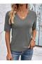 V-Neck Lycra Short Sleeve Knitwear Gray Blouse - 3
