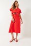 Women's Pomegranate Flower Double Breasted Collar Belted Slit Detailed Short Sleeve Dress 60261461 - 2