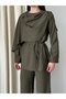 Khaki Drape Collar Blouse Trousers Set - 8625 - 8