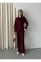 Claret Red Drape Collar Blouse Trousers Set - 8625 - 4