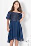 Balloon Sleeve Detailed Chiffon Evening Dress Navy Blue Mdv332 - 3