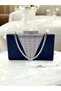 Navy Blue Color Satin Silver Color Crystal Stone Handle Women's Evening Dress Bag - 4