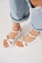 Women's Wedge Heel Sandals - White Skin with Peklom Cross Buckle - 2