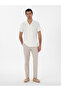 Beige Carrot Fit Linen Blend Striped Elastic Waist Canvas Pants 50298923-Vr011 - 3