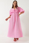 Women's Powder V-Neck Muslin Fabric Elastic Waist Balloon Sleeve Midi Dress 60283096