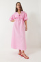 Women's Powder V-Neck Muslin Fabric Elastic Waist Balloon Sleeve Midi Dress 60283096 - 4