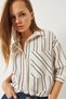 Women's Beige Navy Blue Striped Single Pocket Linen Shirt 60171031 - 4
