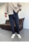 Men's Navy Blue Boyfriend Striped Fabric Trousers - 2