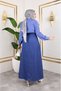 Women's Cobalt Blue Satin Long White Striped Hijab Dress with Elastic Waist - 8