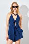 Women's Light Navy Blue Front Tie Rope Muslin Fabric Blouse Shorts Suit - 4