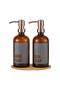 Amber lotion 2-piece glass kitchen liquid soap dispenser set with stand - bamboo soap dispenser with stand - 5