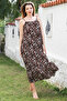 Brown Leopard Print Skirt with Hidden Pocket, Ruffled Adjustable Strap Woven Dress 128 66 - 6