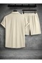 Men's Beige Short Sleeve Shirt Shorts Ottoman Set - 2