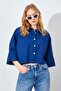 Women's Navy Blue Low Sleeve Striped Crop Poplin Shirt - 2