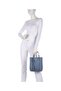 Women's Wide Leather Short Handle Long Strap Blue Shoulder Bag with Logo Detail - 3