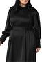 Plus Size Shirred Sleeves Sash Detailed Long Satin Black Dress - 6