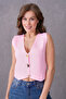 Stretchy Knitwear Fabric Button Detailed Sleeveless Pink Crop Blouse 9902 - 4