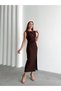 Women's Waist Draped Slit Detail Padded Brown Dress