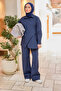 Women's Button Detail Side Tie Linen Suit Navy Blue - 4