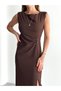 Women's Waist Draped Slit Detail Padded Brown Dress - 3