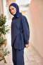 Women's Button Detail Side Tie Linen Suit Navy Blue - 2
