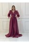 Burgundy Balloon Sleeve Top Pleated Belted Robe Evening Dress |