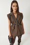 Women's Brown Pocket Detailed Belted Padded Oversize Lined Blazer Vest 11143 60281003 - 2
