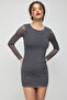 Women's Shiny Stone-Embellished Tulle Dress with Crew Neck and Long Sleeves - 4
