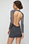 Women's Shiny Stone-Embellished Tulle Dress with Crew Neck and Long Sleeves - 2