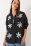 Women's Black Tulle Flower Accessory Long Sleeve Cotton Shirt 6526 60283057 - 3