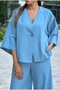 Women's Blue Color Linen Single Button Kimono Pants Suit 4S5139 - 3