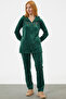 Full Zippered Velvet Jewelled Tracksuit Set - Green - 4