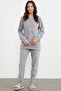 Embroidery Detailed Fleece Pajama Set - Gray - 2