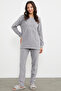 Embroidery Detailed Fleece Pajama Set - Gray - 3