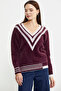 V-Neck Color Combination Knitwear Sweater - Burgundy - 3