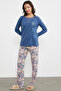 Plain Patterned Combination Pajama Set - Indigo - 3