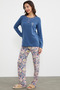 Plain Patterned Combination Pajama Set - Indigo - 4