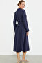 Linen Look Long Sleeve Shirt Dress - Navy Blue - 6